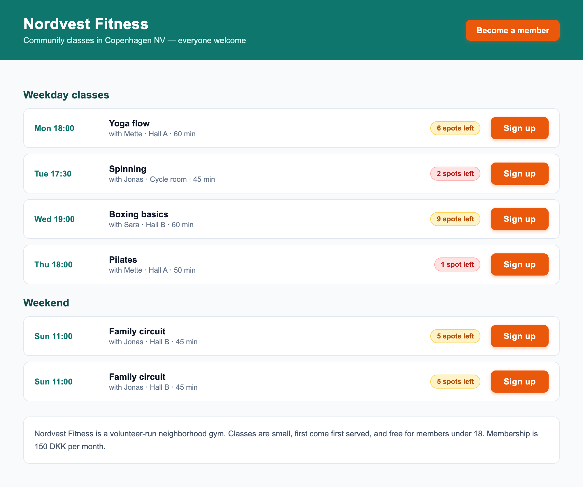 The gym page after the generation: prominent sign-up buttons with spots left, a Become a member button, and an altered weekend program