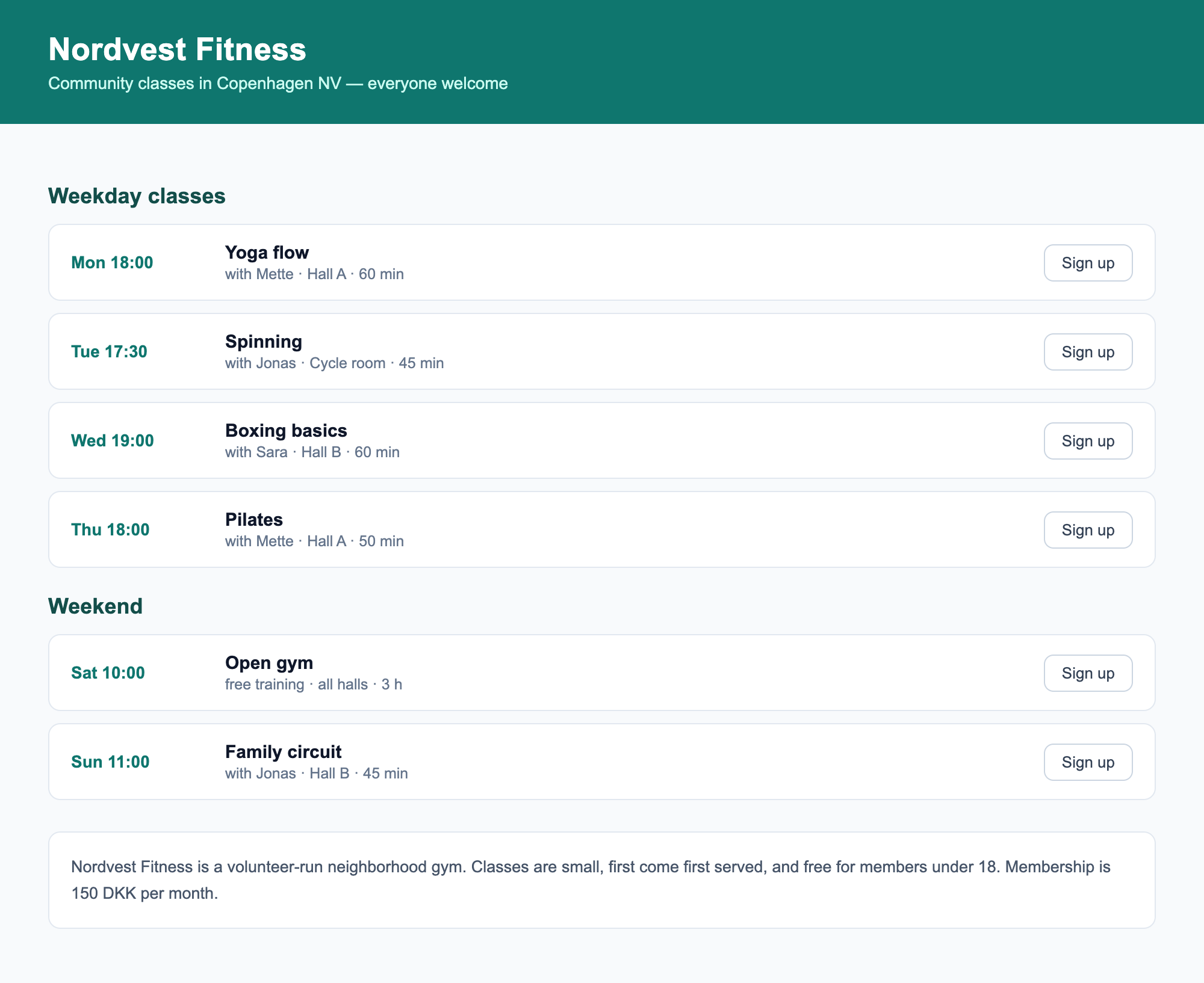 The gym page before the request: weekday classes with plain sign-up buttons, a weekend program, and an about section